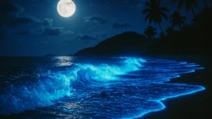 Mare che brilla di notte onde blu elettrico illuminate dalla bioluminescenza