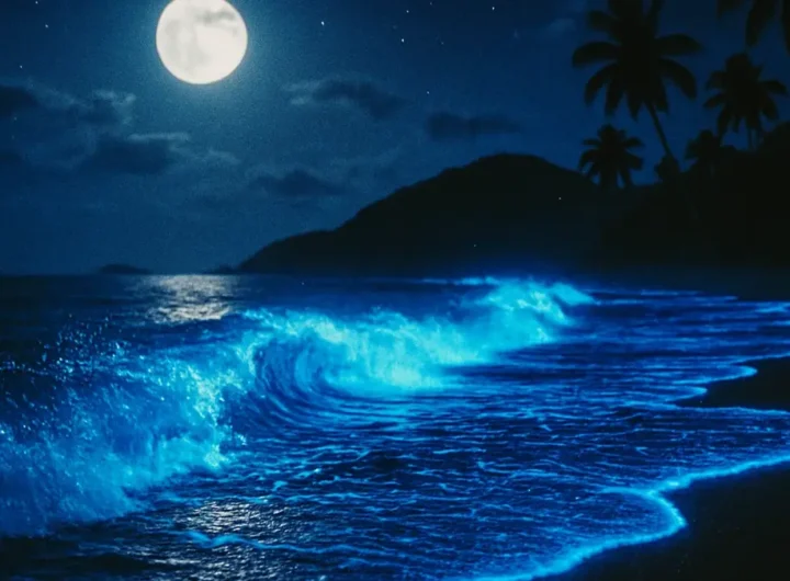 Mare che brilla di notte onde blu elettrico illuminate dalla bioluminescenza