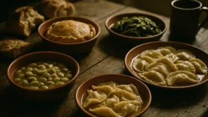 Minestra siciliana con spaghetti spezzati e foglie di tenerumi in ciotola rustica