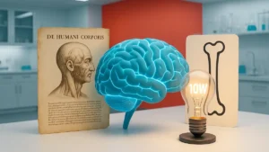 Modello stilizzato di cervello umano illuminato affiancato da antiche icone mediche