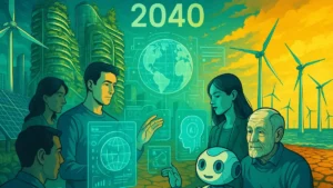 Mosaico futuristico che rappresenta il mondo nel 2040