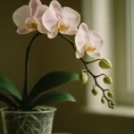 Orchidea Phalaenopsis con molti boccioli chiusi e pochi fiori aperti