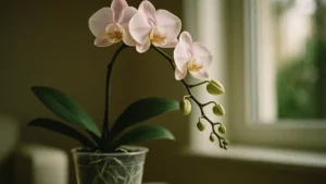 Orchidea Phalaenopsis con molti boccioli chiusi e pochi fiori aperti