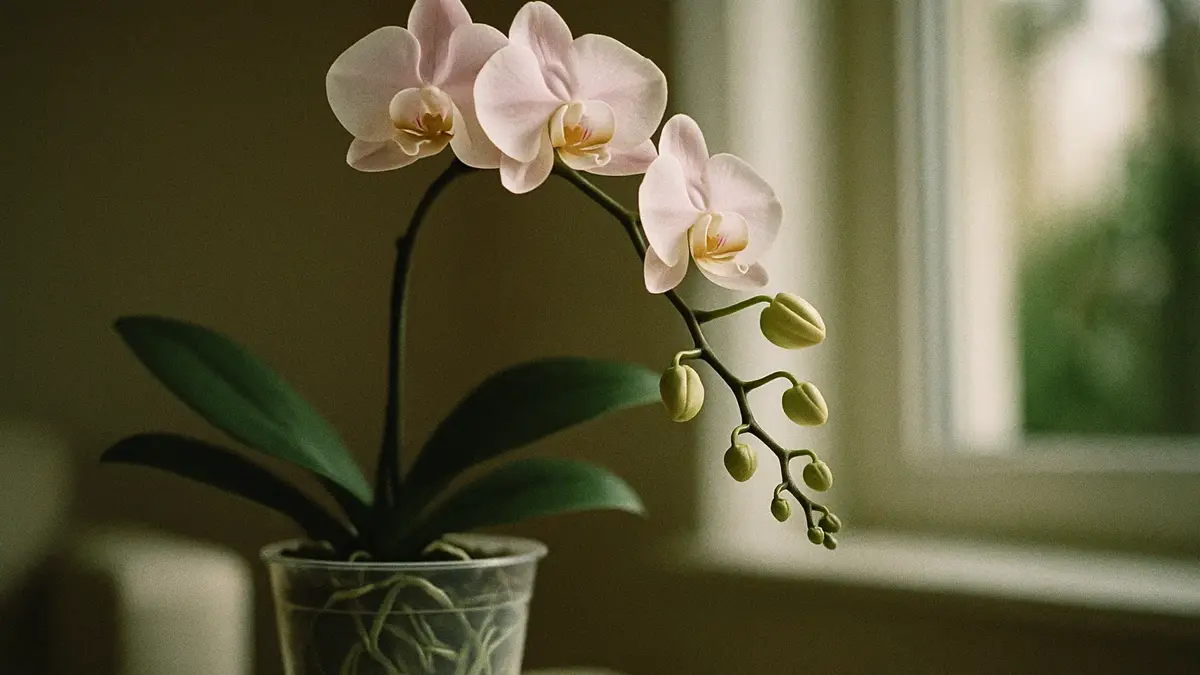 Orchidea Phalaenopsis con molti boccioli chiusi e pochi fiori aperti