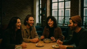 Ostello di design Roma con dettagli curati e giovani che chiacchierano