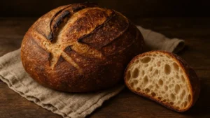 Pagnotta tonda di pane con lievito madre con crosta scura