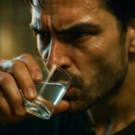 Persona che beve acqua velocemente per far passare il singhiozzo