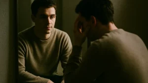 Persona che riflette davanti allo specchio con pensieri positivi e negativi contrastanti