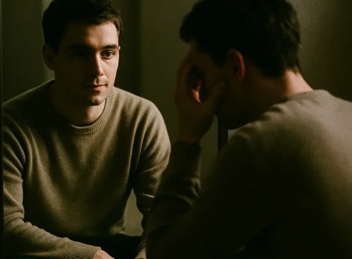 Persona che riflette davanti allo specchio con pensieri positivi e negativi contrastanti