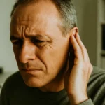 Persona che si tocca orecchio sinistro con espressione di fastidio