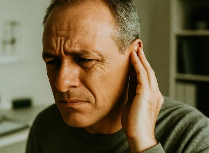 Persona che si tocca orecchio sinistro con espressione di fastidio