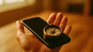 Persona che tiene uno smartphone e una bussola