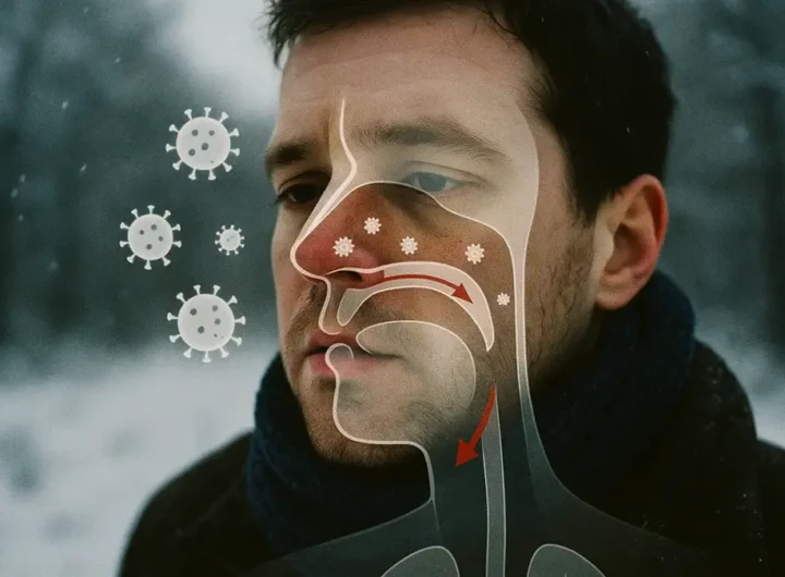 Persona con naso che cola e termometro che indica basse temperature