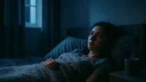 Persona distesa a letto sveglia di notte con espressione ansiosa
