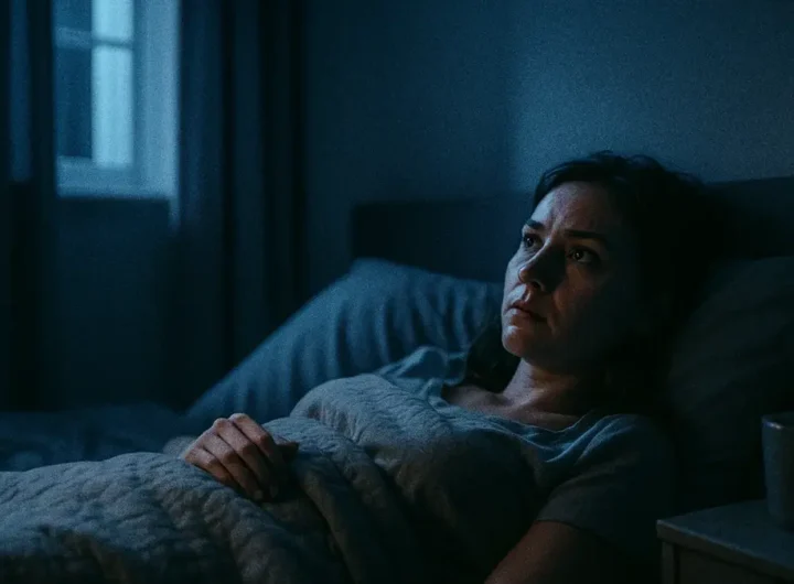 Persona distesa a letto sveglia di notte con espressione ansiosa