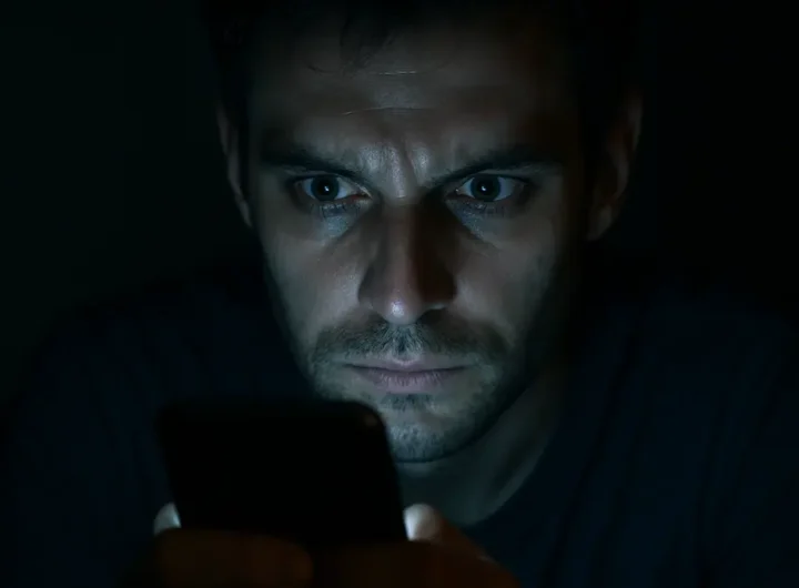 Persona immersa nel buio che fissa intensamente uno smartphone con luce blu