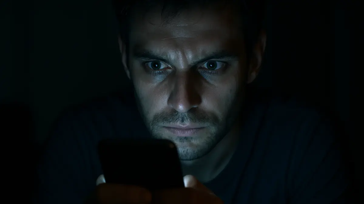 Persona immersa nel buio che fissa intensamente uno smartphone con luce blu