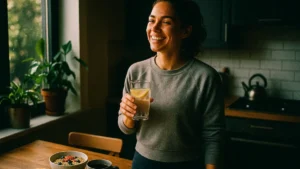 Persona sorridente al mattino mentre beve acqua al limone in cucina luminosa