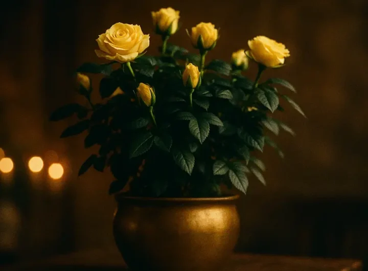 Pianta di rosa gialla in vaso decorativo dorato