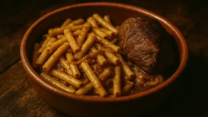 Piatto di ziti conditi con ragù alla genovese napoletana