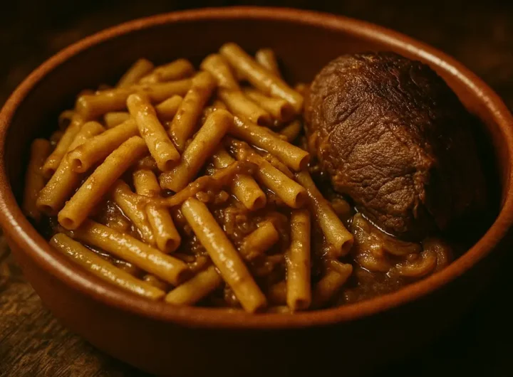 Piatto di ziti conditi con ragù alla genovese napoletana