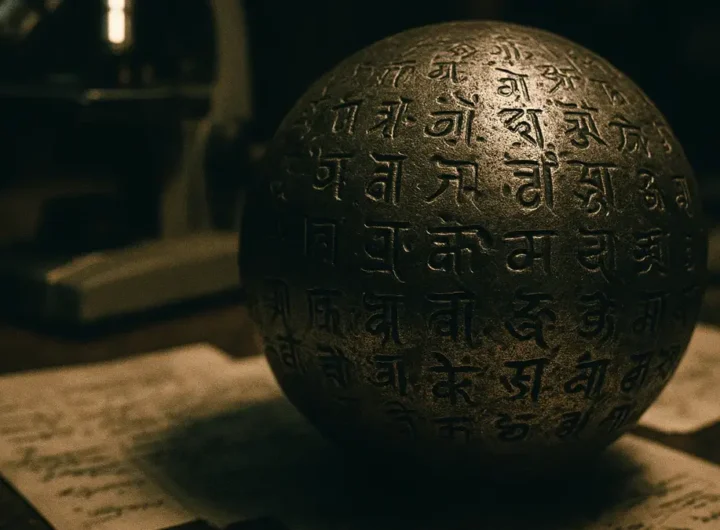 Primo piano dei simboli incisi sulla sfera metallica extraterrestre