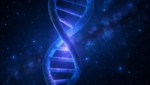 Primo piano del DNA umano con un filamento luminoso alieno che si intreccia