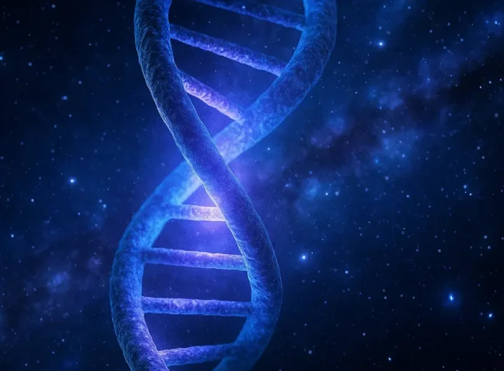 Primo piano del DNA umano con un filamento luminoso alieno che si intreccia