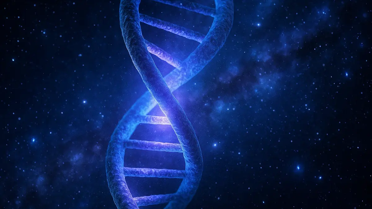 Primo piano del DNA umano con un filamento luminoso alieno che si intreccia
