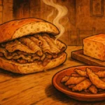 Primo piano del panino al Lampredotto fiorentino con salsa verde