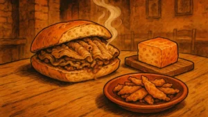 Primo piano del panino al Lampredotto fiorentino con salsa verde