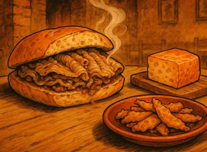 Primo piano del panino al Lampredotto fiorentino con salsa verde