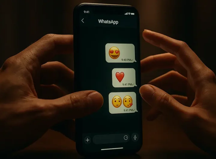 Primo piano dello schermo di uno smartphone che mostra una chat WhatsApp di flirt