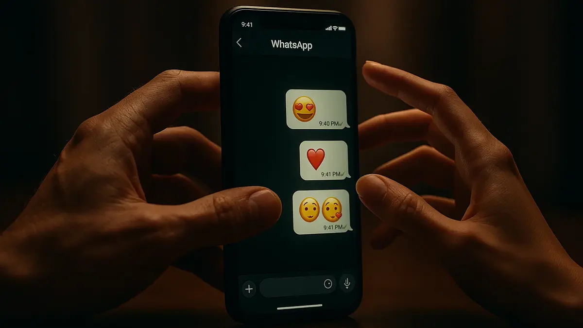 Primo piano dello schermo di uno smartphone che mostra una chat WhatsApp di flirt