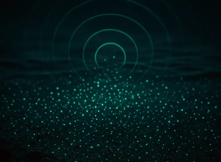 Primo piano di acqua marina scura con particelle iridescenti quasi invisibili