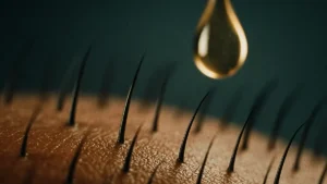 Primo piano di capelli che ricrescono in un area trattata con la nuova terapia