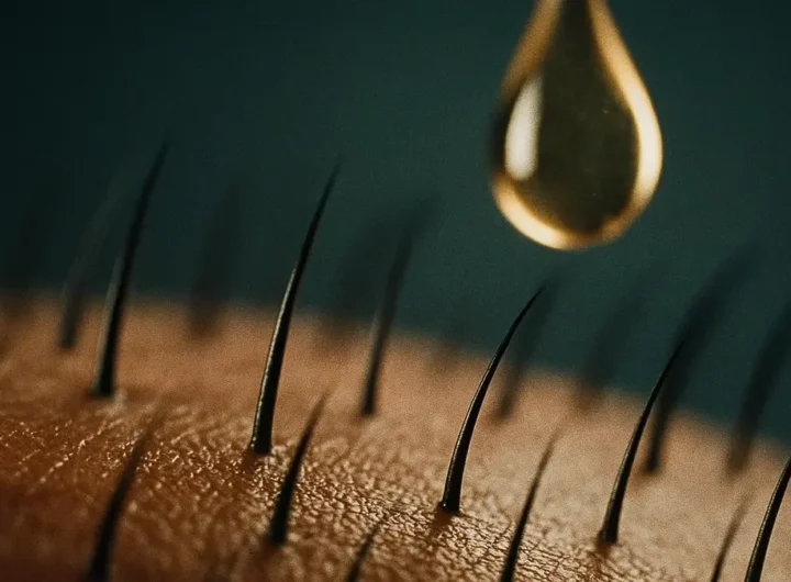 Primo piano di capelli che ricrescono in un area trattata con la nuova terapia