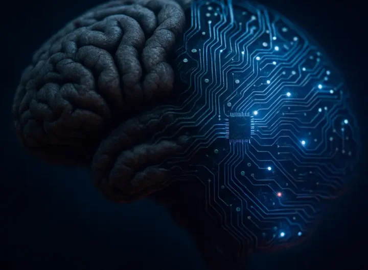 Primo piano di un cervello umano parzialmente fuso con un circuito stampato