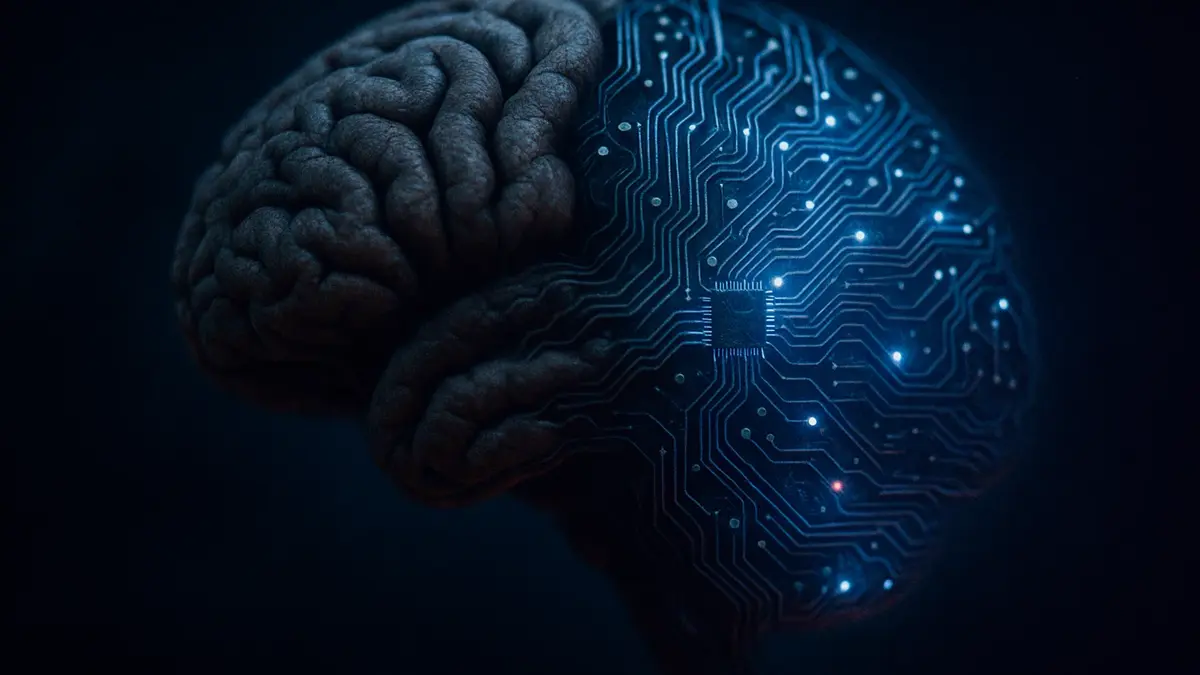 Primo piano di un cervello umano parzialmente fuso con un circuito stampato