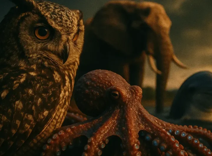 Primo piano di un gufo che ruota la testa di 270 gradi