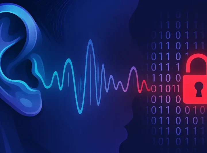 Primo piano di un orecchio stilizzato che ascolta un onda sonora digitale