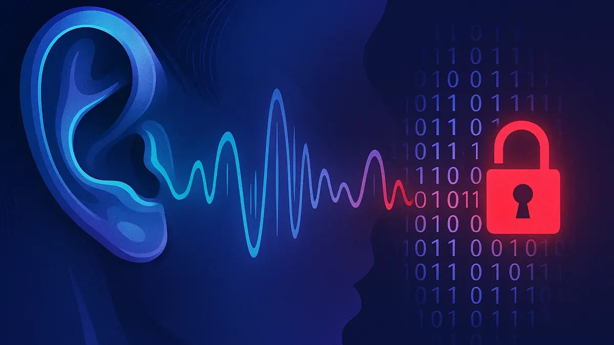 Primo piano di un orecchio stilizzato che ascolta un onda sonora digitale
