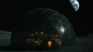 Primo piano di una cupola di vetro futuristica parzialmente interrata sulla superficie lunare