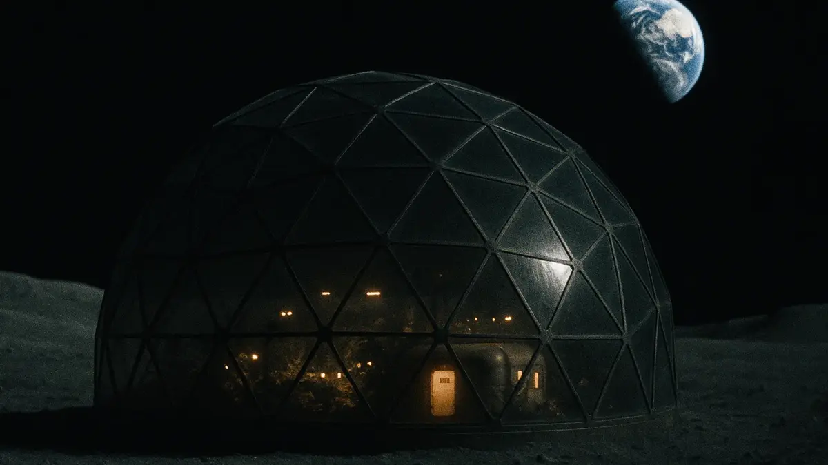 Primo piano di una cupola di vetro futuristica parzialmente interrata sulla superficie lunare