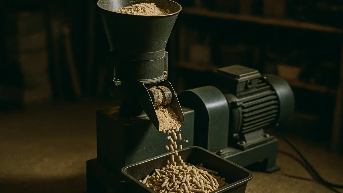 Primo piano di una macchina per fare pellet domestica in azione