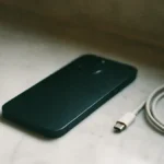 Primo piano di uno smartphone che si raffredda su una superficie di marmo freddo