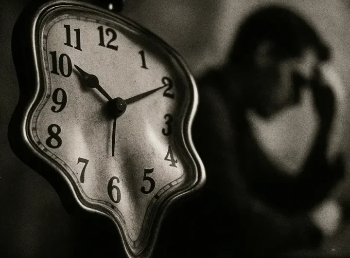 Primo piano sfocato di un orologio analogico con le lancette che sembrano rallentare