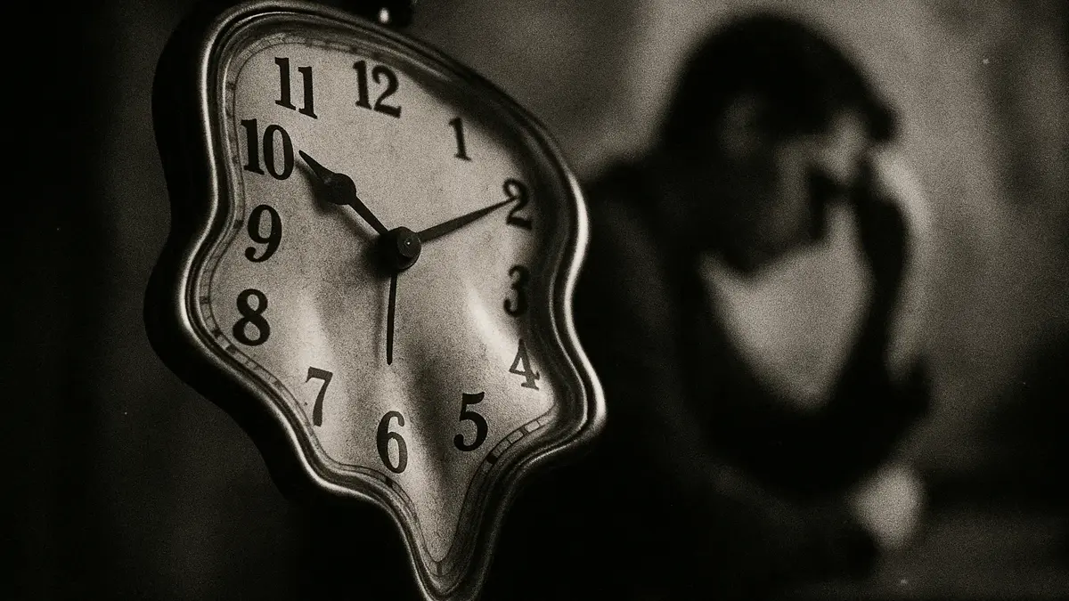 Primo piano sfocato di un orologio analogico con le lancette che sembrano rallentare