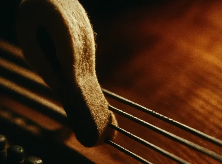 Primo piano su un martelletto rivestito di feltro che percuote tre corde di pianoforte in metallo