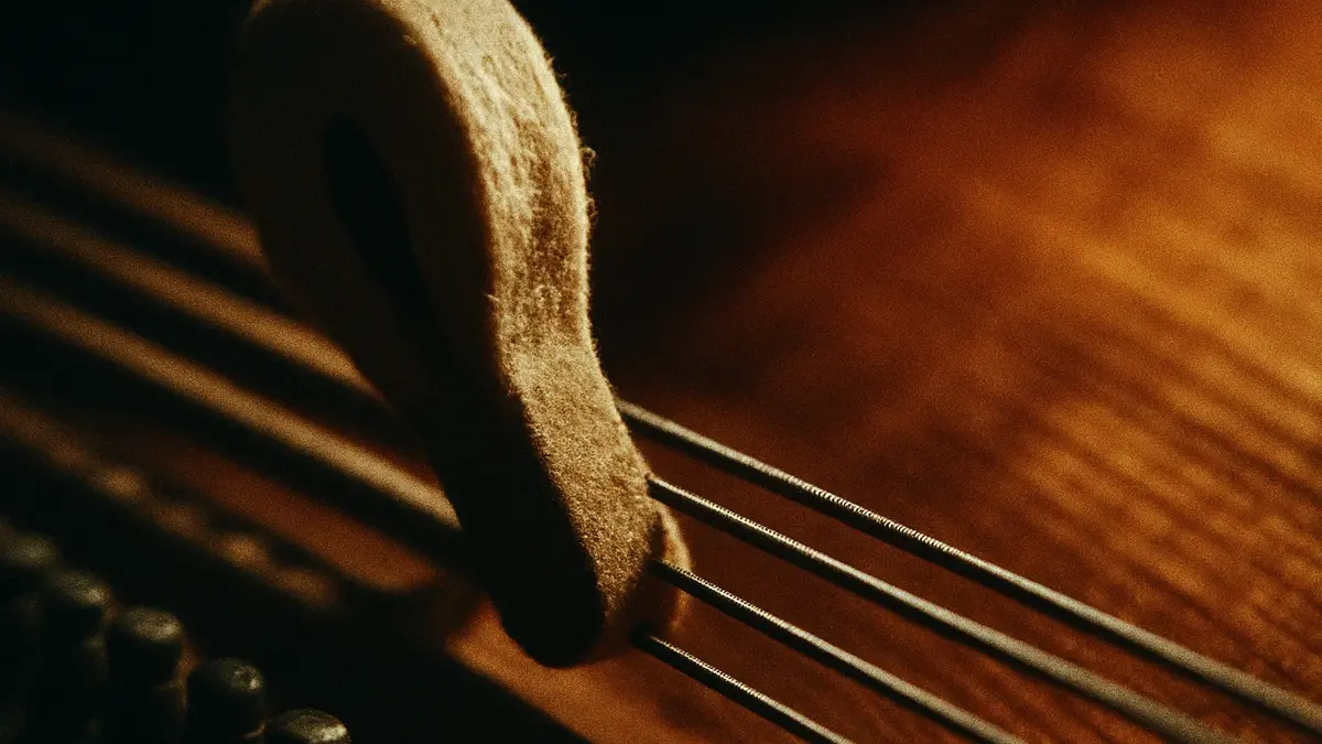 Primo piano su un martelletto rivestito di feltro che percuote tre corde di pianoforte in metallo